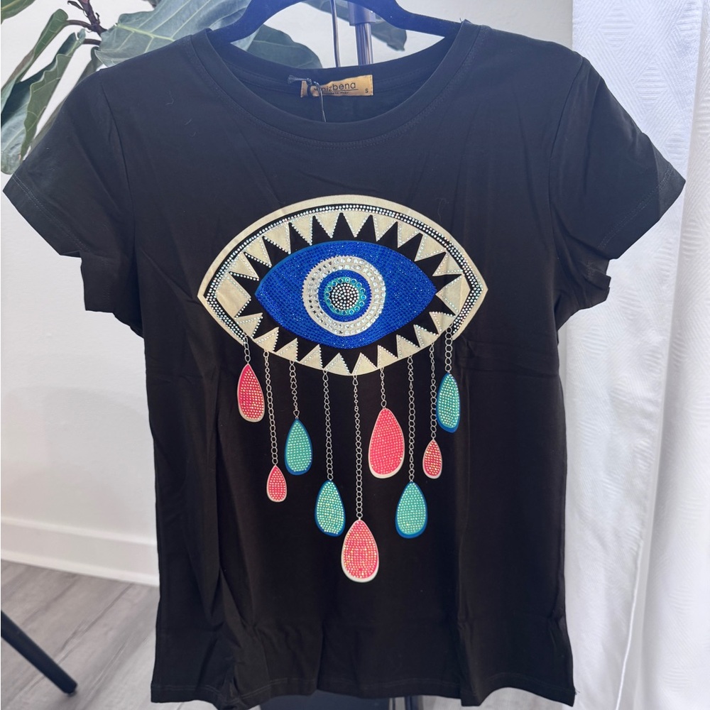 Vinizbena Women’s Black Graphic T-Shirt with Rhinestone Evil Eye